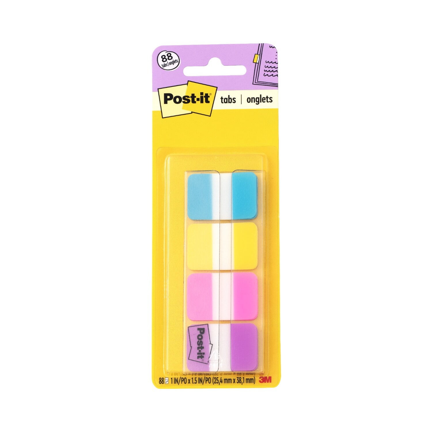 Post-it Tabs, 1" Wide Aqua, Yellow, Pink, Violet, 22/Color, 88 Total