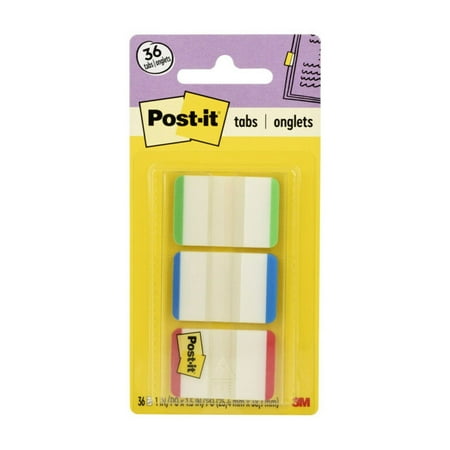 Post-it Tabs, 1 in., Lined, Green, Blue, Red, 36 Tabs/On-the-Go Dispenser