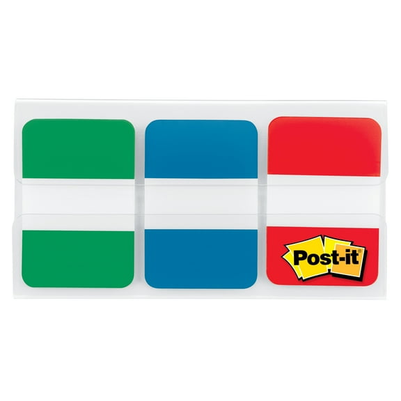 Post-it® Tabs, 1 in., solid, Green, Blue, Red, 22 Tabs/Color, 66 Tabs/On-the-Go Dispenser