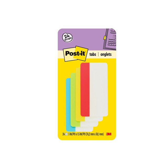 Postit Tabs, 3 in. Wide, Assorted Colors, 25 Tabs