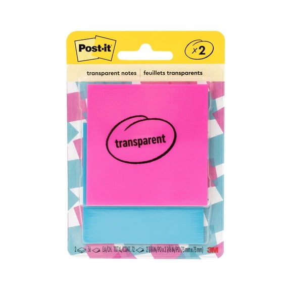 Post-it Transparent Notes, Pink, Blue, 2 7/8 x 2 7/8 in, 2 Pads