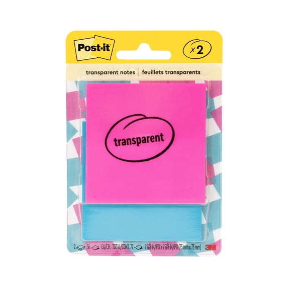 Post-it Transparent Notes, Pink, Blue, 2 7/8 x 2 7/8 in, 2 Pads