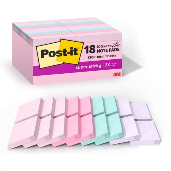 Post-it® Super Sticky Mini Notes, Wanderlust Pastels, 1 7/8" x 1 7/8", 100% PEFC, 70 Notes/Pad, 18/Pack
