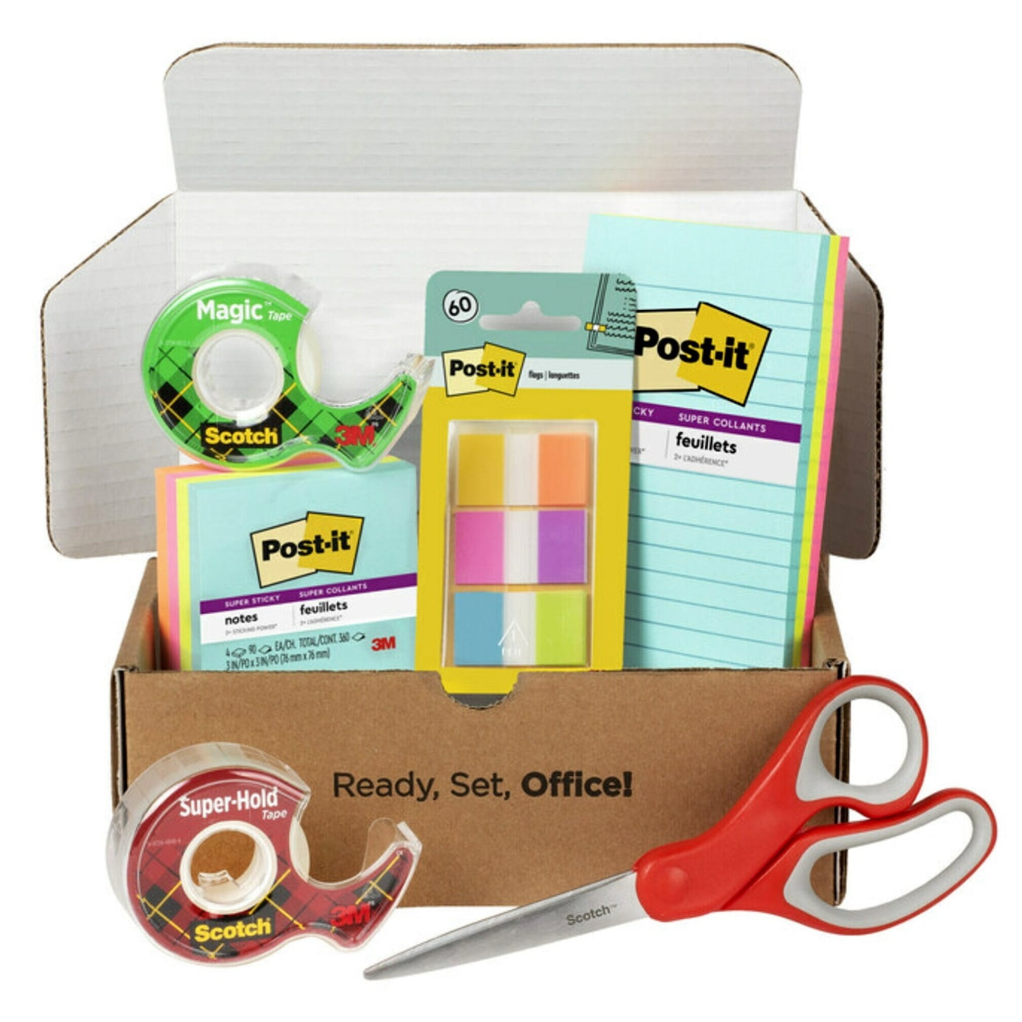 Post-it and Scotch Brand Essentials Pack, 7 Pads of Assorted Super Sticky Notes, 1 Pack Flags, 1 Roll Magic Tape, 1 Roll