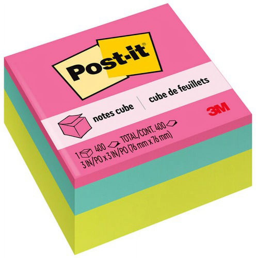 Post-it reg; Super Sticky Notes Cubes - 3" x 3" - Square - 400 Sheets per Pad - Power Pink, Aqua Splash, Acid Lime - Sticky, Adhesive - 1 Pack | Bundle of 2 Packs