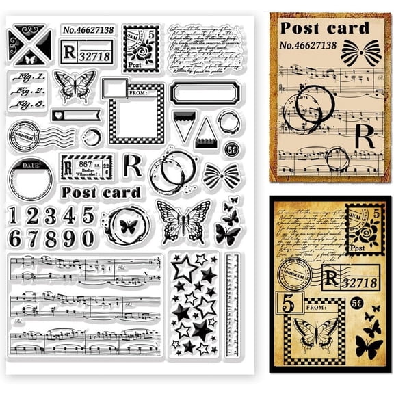 Postage Clear Stamps Variety Patterns Vintage Text Silicone Stamp Butterfly Number Postcard Stars Music Staff for Card Making Photo Album Scrapbooking Decor DIY Crafts