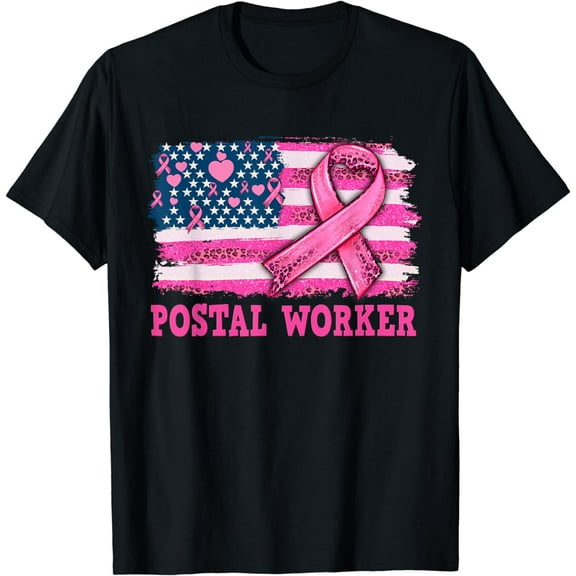 Postal Worker American Cancer Flag Cancer Warrior Pink T-Shirt