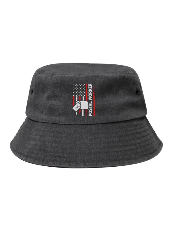 Postal Worker Flag Washed Bucket Hat For Men Women Denim Bucket Hat Sun Hat Cowboy Fishing Beach Hat