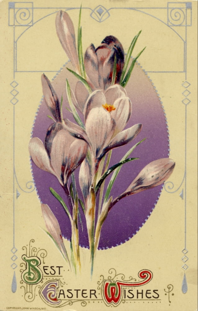 Postcard 1911 Best Easter Wishes with crocuses Canvas Art - Unknown (24 x 36)