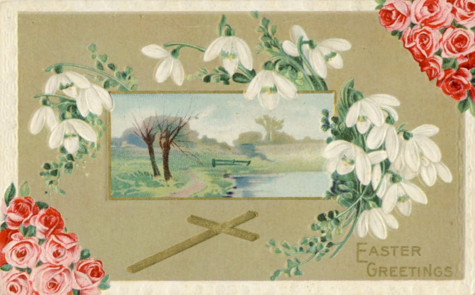 Postcard 1911 Easter greetings with cross and flowers Canvas Art - Unknown (24 x 36)