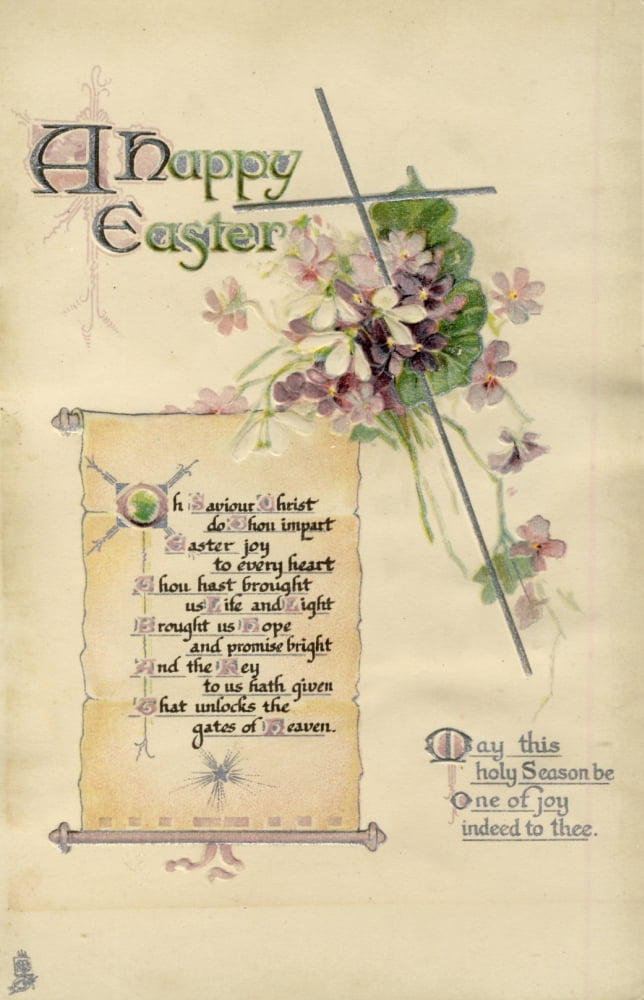 Postcard 1912 A Happy Easter with cross & flowers Canvas Art - Unknown (18 x 24)