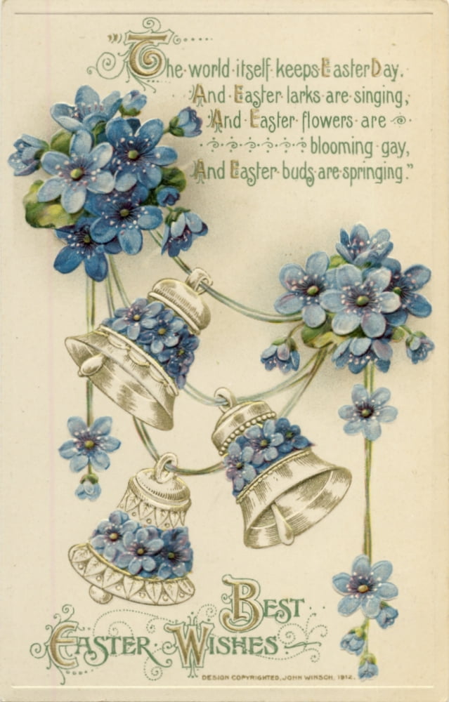 Postcard 1912 Best Easter Wishes with bells & blue flowers Canvas Art - Unknown (18 x 24)