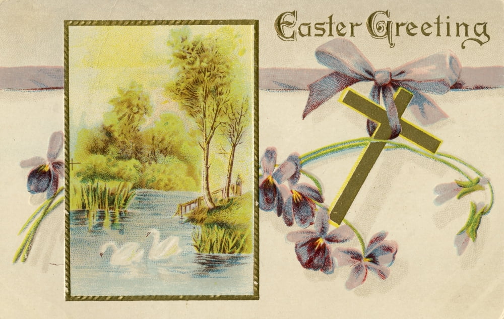 Postcard 1912 Easter Greetings with Cross & Violets Canvas Art - Unknown (18 x 24)