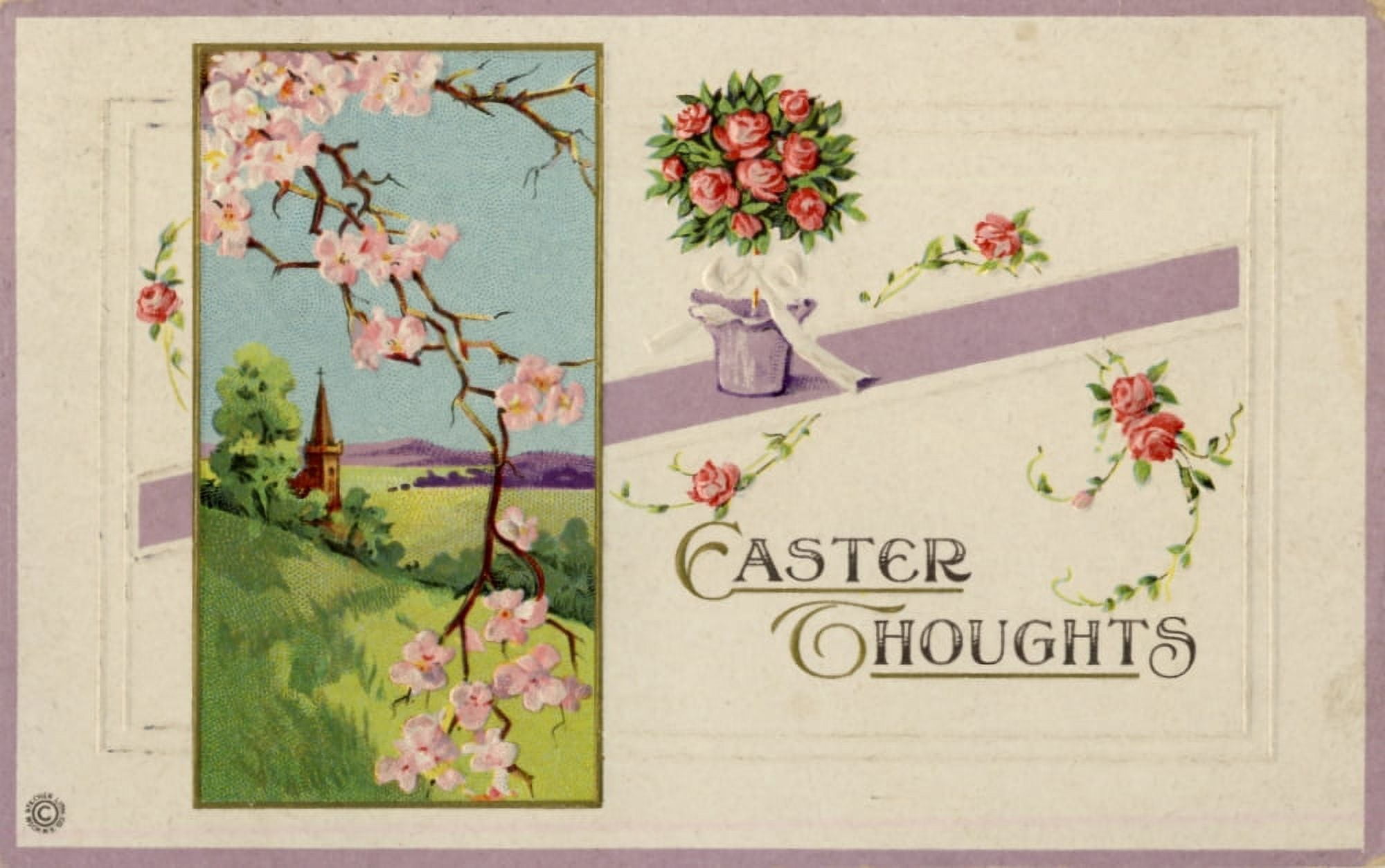 Postcard 1917 Easter Thoughts with church & blossom Canvas Art - Unknown (18 x 24)