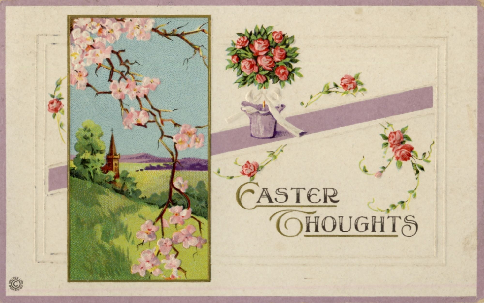 Postcard 1917 Easter Thoughts with church & blossom Canvas Art - Unknown (24 x 36)
