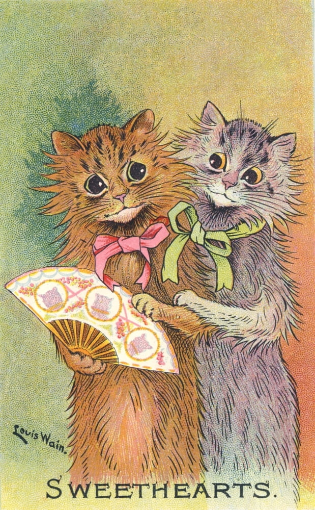 Postcard Cats with fan Canvas Art - Louis Wain (18 x 24)