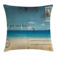 thumbnail image 1 of Postcard Decor Throw Pillow Cushion Cover, Nostalgic Tropical Summer Backdrop on Vintage Card Stamp Travel Print, Decorative Square Accent Pillow Case, 20 X 20 Inches, Sand Brown Teal, by Ambesonne, 1 of 2