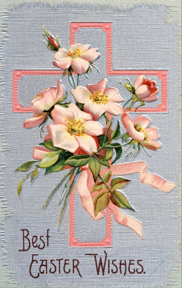 Postcard nd Best Easter Wishes with cross & tea roses Canvas Art - Unknown (18 x 24)
