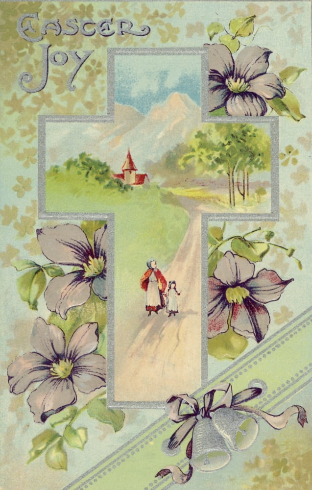 Postcard nd Easter Joy with pictorial cross Canvas Art - Unknown (24 x 36)