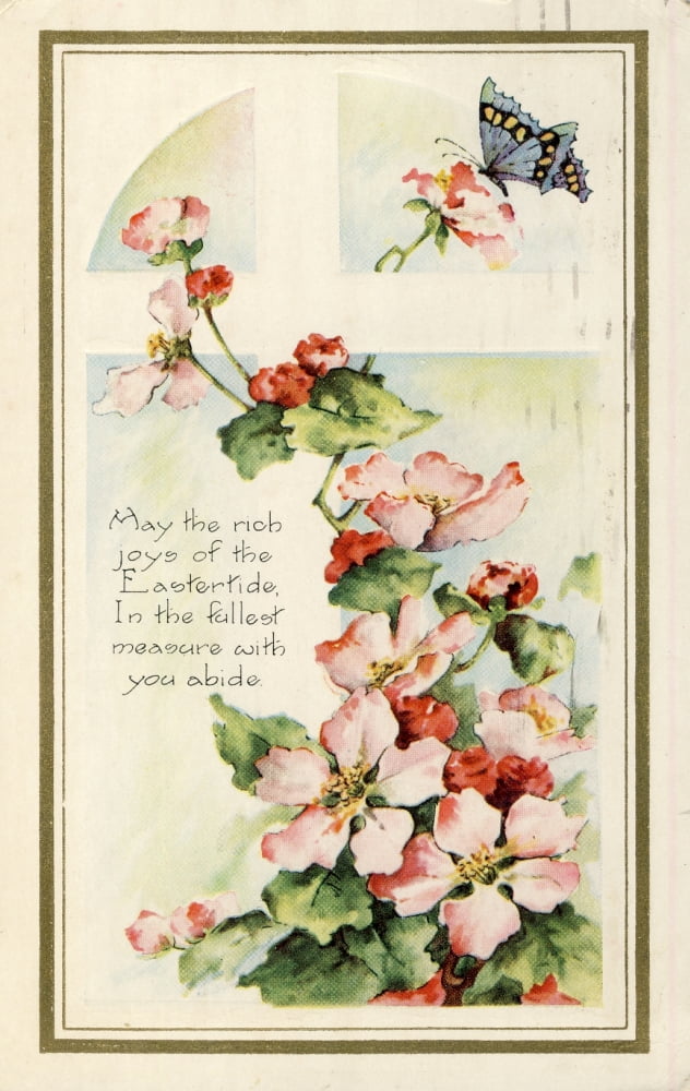 Postcard nd May the rich joys with cross flowers & butterfly Canvas Art - Unknown (18 x 24)
