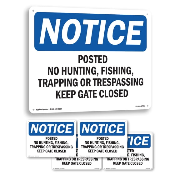 Posted No Hunting Fishing Trapping Or OSHA Notice Aluminum Sign 10 Inch x 7 Inch - 5 Pack