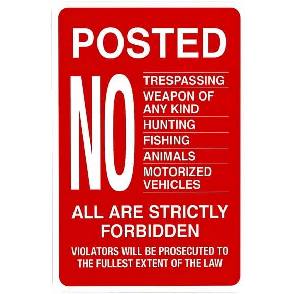Posted No Trespassing Weapons Hunting Fishing Animals Sign - 8"x12", Security Metal Decor for Business Walls, Property Perimeters, Safety Zones