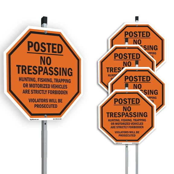 Posted No Trespassing Hunting Fishing Trapping or Motorized Vehicles Forbidden Violators Will Be Prosecuted (5 Pack) 10 inch X 10 inch Octagon Aluminum Metal Signs with Aluminum