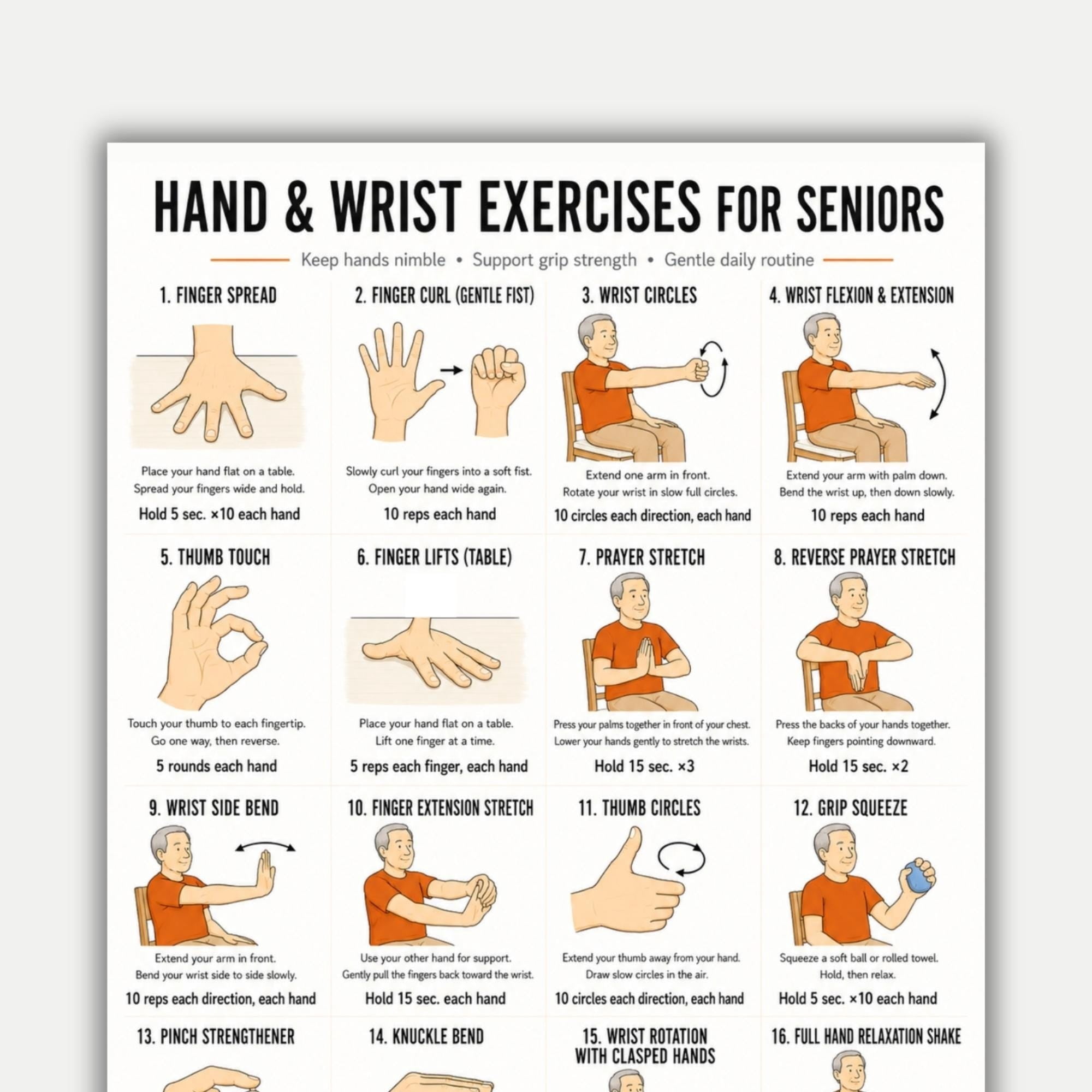 Hand Support Exercise Poster Of 16 Gentle Grip Movements For Hand And Wrist Exercises For The ...