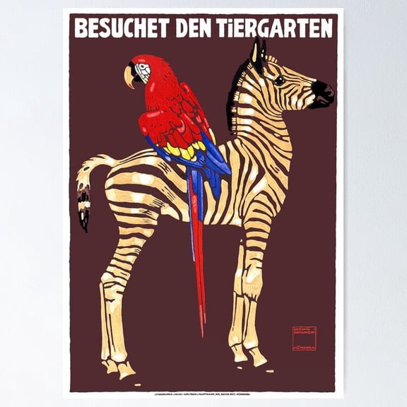 Poster 1912 Ludwig Hohlwein Visit The Zoo Zebra Macaw - Unframed Poster, 12x18