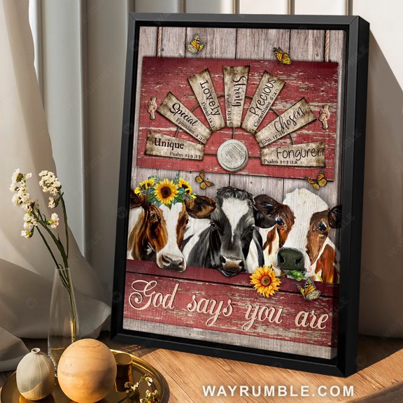 Poster Amazing dairy cow, Sunflower wreath, Windmill, God says you are unique - Jesus Portrait Poster Prints, Christian Wall Art WINXIE DECOR - 8X12, UNFRAMED