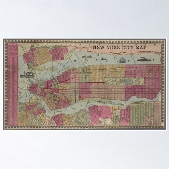 Poster Antique New York City Map - No Framed, Vintage Wall Art, Trendy Retro Print, Positive Quote Poster, Room Decor, Wall Art, 24x36