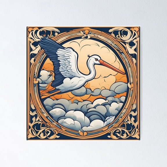 Poster Art Nouveau Stork Baby Shower Flying Among Clouds - No Framed, Vintage Wall Art, Trendy Retro Print, Positive Quote Poster, Room Decor, Wall Art, 8x12