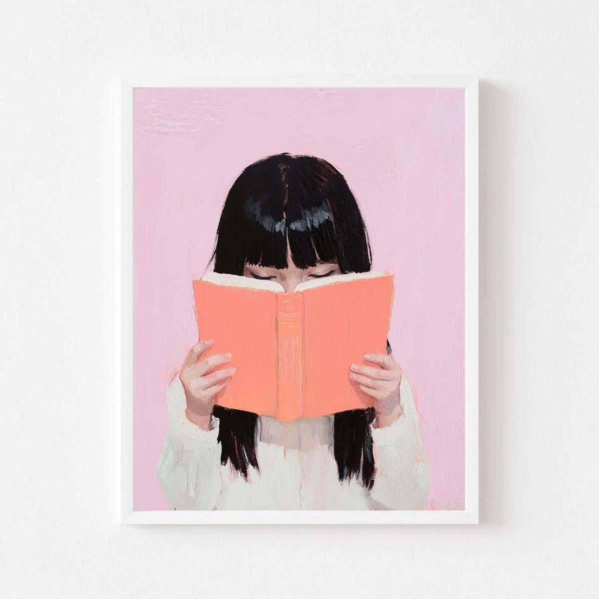 Poster Asian Girl Reading Orange Book Painting | Pastel Book Nook Wall ...