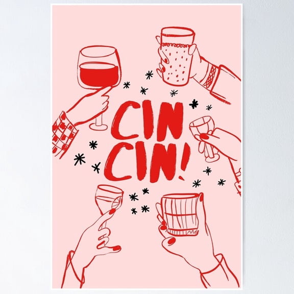 Poster Bar Cart Cocktails Drinks - Cin Cin - In Retro Red And Blush Pink - No Framed, Vintage Wall Art, Trendy Retro Print, Positive Quote Poster, Room Decor, Wall Art, 8x12