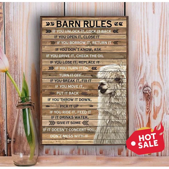 Poster Barn Rules Alpaca Wood Wall Art, Unframed Prints For Home Or Office, Perfect Gift For Everyone, 12x18
