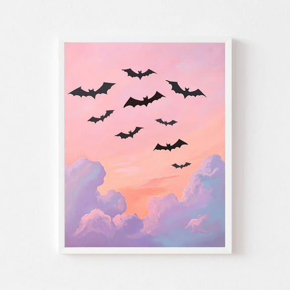 Kna Prints - Bats Flying At Sunset Painting Pink Wall Art Print Colorful Spooky Cute Girl'S Room Pastel Witchy Wall Art Decor For Home Office UNFRAMED-8x12