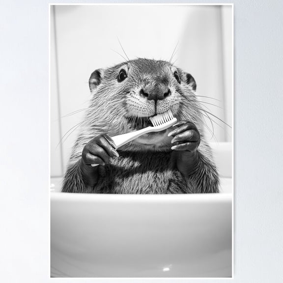 Poster Beaver Brushing Teeth, Funny Vintage Animal Photo - No Framed, Vintage Wall Art, Trendy Retro Print, Positive Quote Poster, Room Decor, Wall Art, 8x12