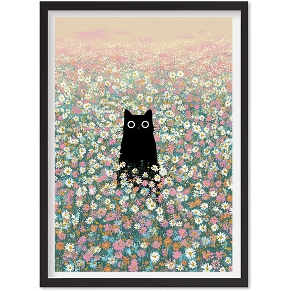 Poster “Black Cat In A Sea Of Flowers” Cute Cat Picture In Floral Style Animal, Matte Canvas Stretched, Posters for Room Bedroom Living Room Bathroom Wall Decor, Posters & Art Prints, Gift.