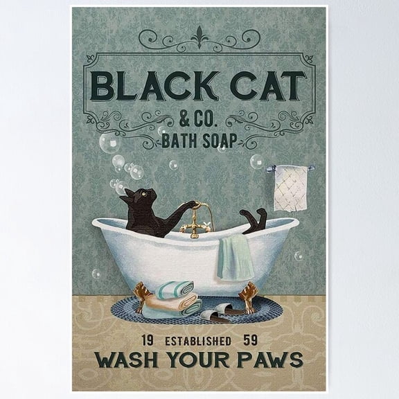 Poster Black Cat Soap In Bathroom - No Framed, Vintage Wall Art, Trendy Retro Print, Positive Quote Poster, Room Decor, Wall Art, 24x36