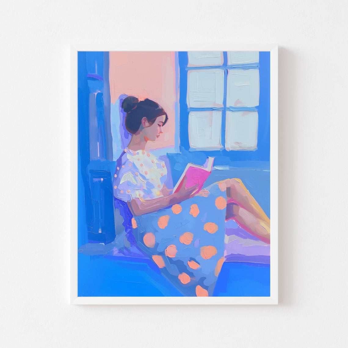 Kna Prints - Brunette Woman Reading Painting Colorful Blue Book Nook ...