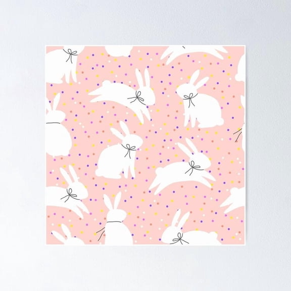 Poster Bunny Party! Little Rabbits In A Field Of Pretty Pink With Cute Little Polka Dots - No Framed, Vintage Wall Art, Trendy Retro Print, Positive Quote Poster, Room Decor, Wall Art, 8x12