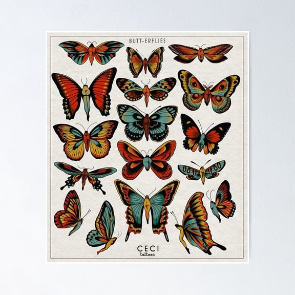 Poster Butterflies Traditional Tattoo Flash - No Framed, Vintage Wall Art, Trendy Retro Print, Positive Quote Poster, Room Decor, Wall Art, 12x18