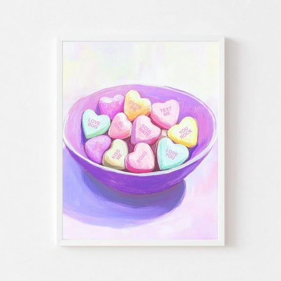 Kna Prints - Candy Conversation Hearts Painting Valentine'S Day Wall Art Print Colorful Girl'S Room Pastel Kitchen Bowl, UNFRAMED-12x18