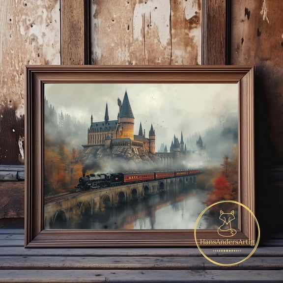 Poster Castle Steam Train Print Autumn Vintage Art Wizard School Fall Fantasy Fan Decor Potter Art Dark Academia Dark Cottagecore Wall Art Modern Wall Decor