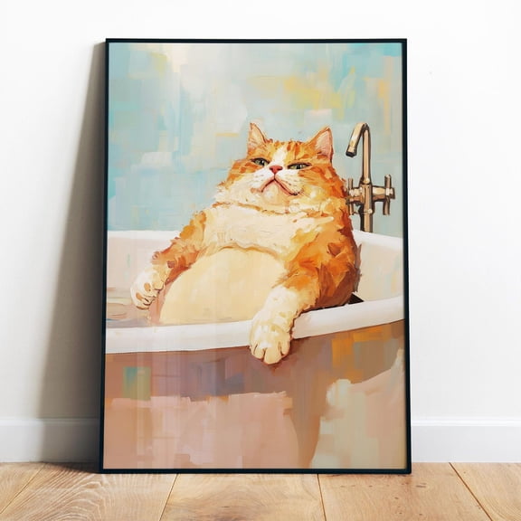 Poster Cat In Bathtub Art Printable Bathroom Art Print Funny Animal Print Digital Orange Cat Bathtime Fun Toilet Art Blue And Beige Animal In Tub - No Framed, Vintage Wall Art, Hot Trend!, 24x36