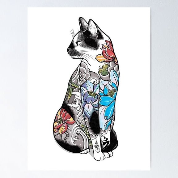 Poster Cat In Lotus Tattoo - No Framed, Vintage Wall Art, Trendy Retro Print, Positive Quote Poster, Room Decor, Wall Art, 12x18