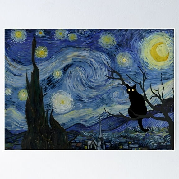 Poster Cat Night Vincent Black Cat - No Framed, Vintage Wall Art, Trendy Retro Print, Positive Quote Poster, Room Decor, Wall Art, 8x12