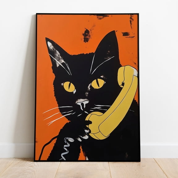 Poster Cat On The Phone Retro Poster Funny Cat Print Vintage Colorful Cat Print Black Cat Poster Download Cat Mom Gift Maximalist Wall Art Eclectic - No Framed, Vintage Wall Art, Hot Trend!, 12x18
