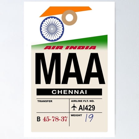 Poster Chennai (Maa) India Airline Luggage Tag - No Framed, Vintage Wall Art, Trendy Retro Print, Positive Quote Poster, Room Decor, Wall Art, Poster Only