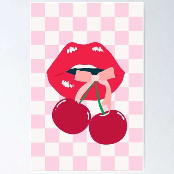Poster Cherry Lips - Retro Coquette Style In Pretty Pink And Lipstick Red. Vintage Wall Arttrendy Retro Print Positive Quote Poster Room Decor Wall Art , Poster Print Only